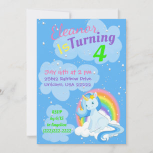 Invitation Blue Unicorn Magique Rainbows coloré Anniversaire