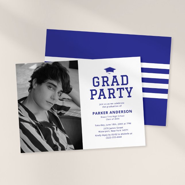 Invitation Blue Varsity Photo Graduation Party (Créateur téléchargé)