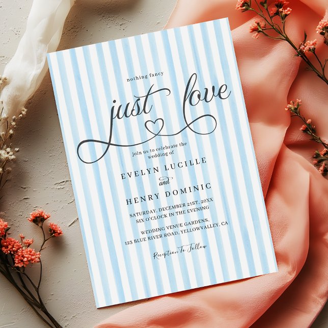 Invitation Blue vertical stripes Modern Script Heart Wedding (Créateur téléchargé)