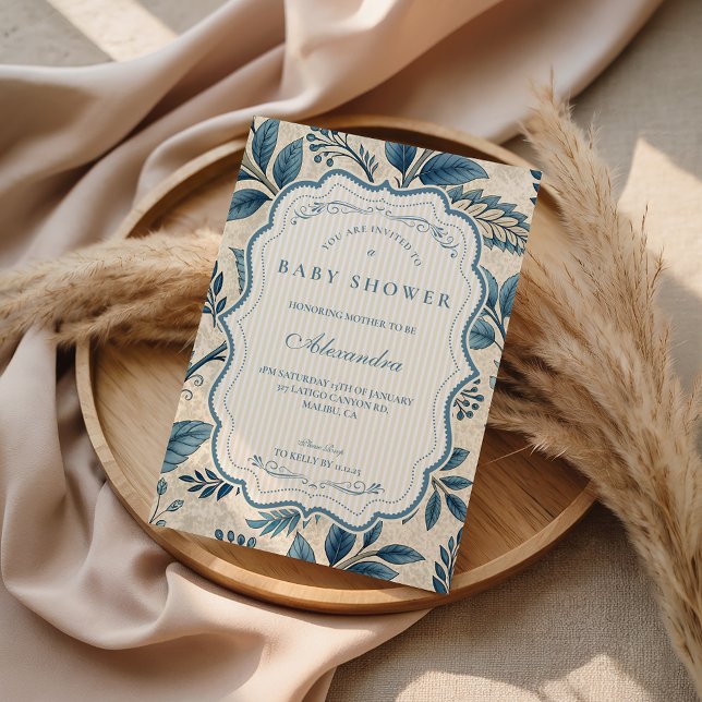 Invitation Blue Vintage Botanical Baby Shower (Créateur téléchargé)
