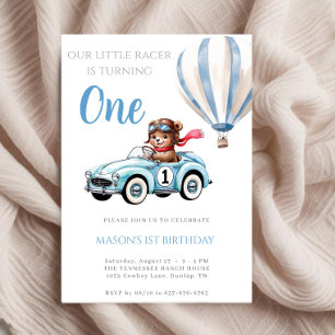 Invitation Blue Vintage Racing Ours Race Voiture 1er Annivers