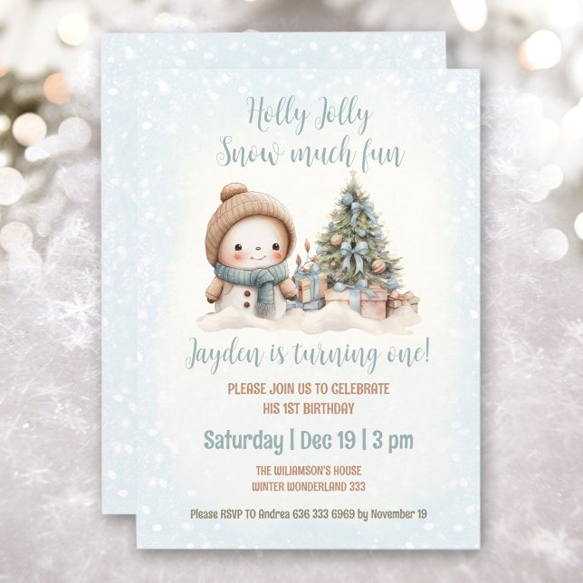 Invitation Blue Vintage Snowman Boy Noël 1er anniversaire (Blue Vintage Snowman Boy Christmas 1st Birthday Invitation)