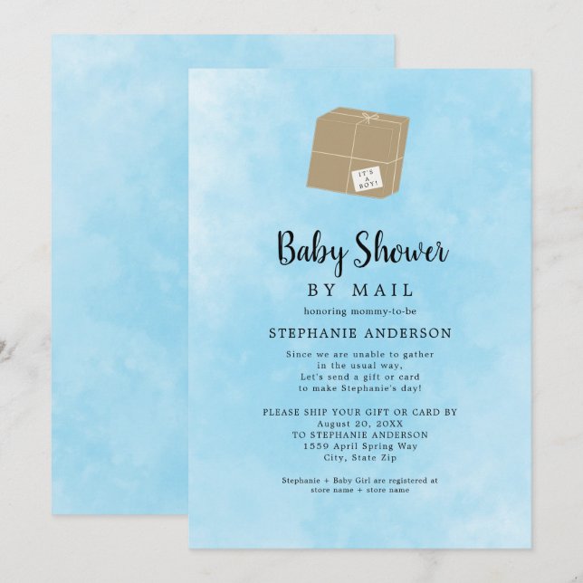 Invitation Blue Watercolor Boy Baby shower par mail (Devant / Derrière)
