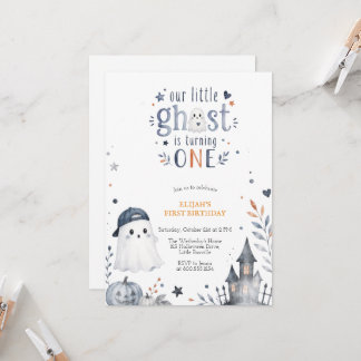 Invitation Blue Watercolor Cute Ghost Halloween Birthday