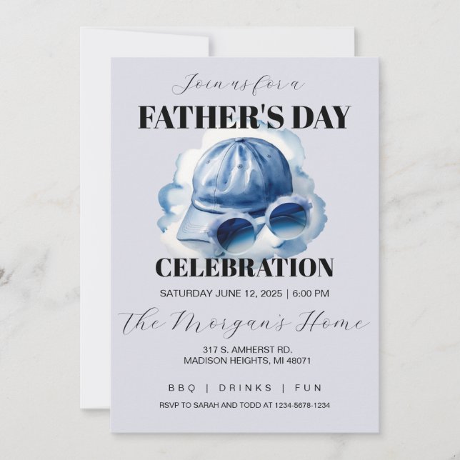 Invitation Blue Watercolor Dad's Hat and Sunglasses   (Devant)
