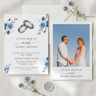 Invitation Blue Watercolor Floral Rings Elegant Photo Wedding
