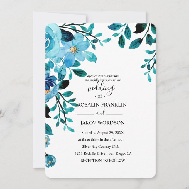 Invitation blue watercolor floral rustic wedding (Devant)