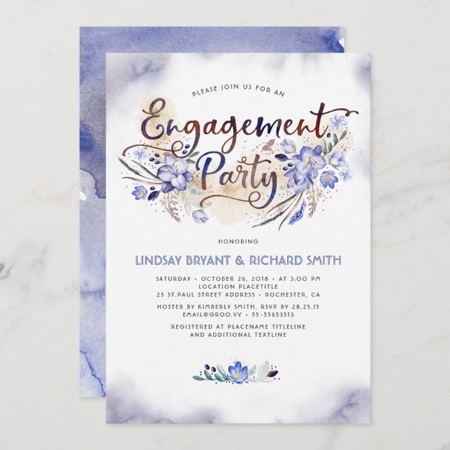 Invitation Blue Watercolor Floral Script Engagement (Devant / Derrière)