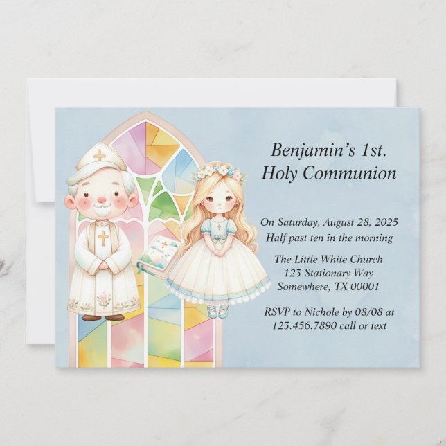 Invitation Blue Watercolor Girl 1st. Sainte Communion (Devant)