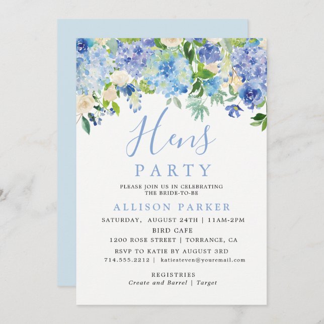 Invitation Blue Watercolor Hydrangea Floral Hens Party (Devant / Derrière)
