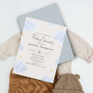 Invitation Blue Watercolor Nuages Boy Baby shower