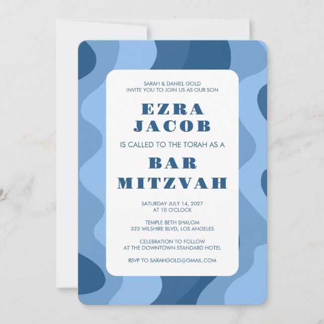 Invitation Blue Waves Moderne Abstrait Custom Bar Mitzvah (Devant)