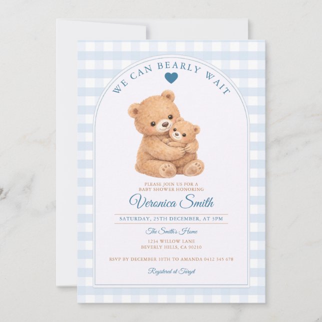Invitation Blue We can bearly wait Mama Bear Baby Shower (Devant)
