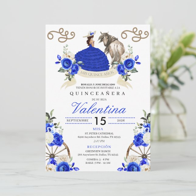 Invitation Blue Western Fairytale Wagon Wheels Quinceañera (Debout devant)