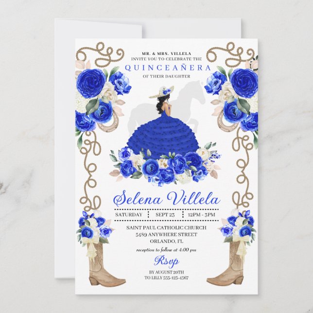 Invitation Blue Western Mariachi Charro Princess Quinceañera (Devant)