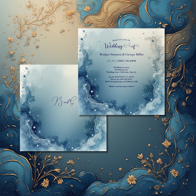 Invitation blue white Dreamy coastal marble ink wedding (Créateur téléchargé)