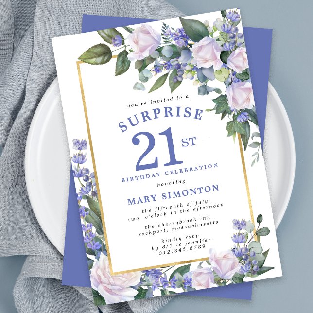 Invitation Blue White Floral 21e anniversaire Surprise Party (Créateur téléchargé)