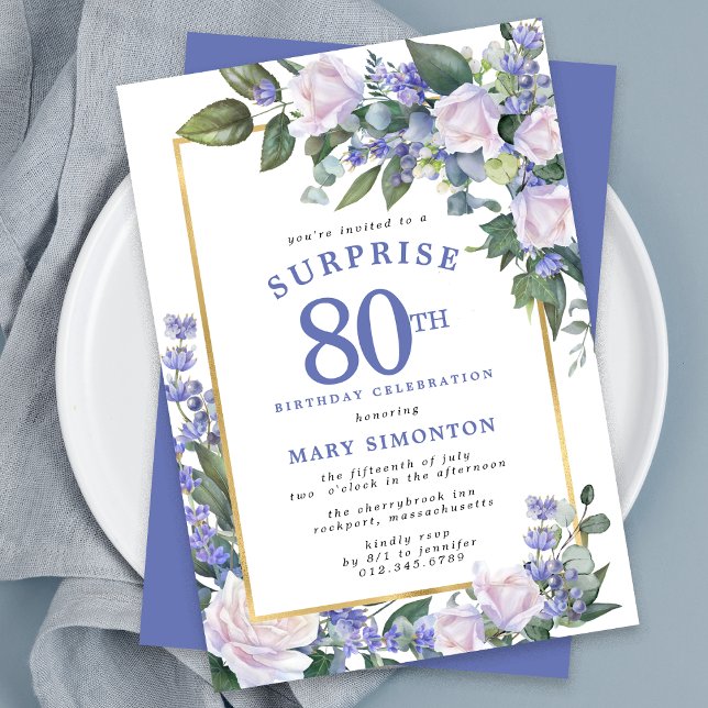 Invitation Blue White Floral 80e anniversaire Surprise Party (Créateur téléchargé)