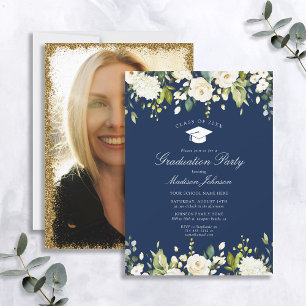 Invitation Blue White Floral Photo Party Graduation