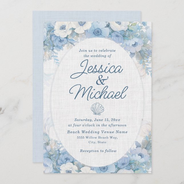Invitation Blue White Floral Seashell Coastal Beach Wedding  (Devant / Derrière)