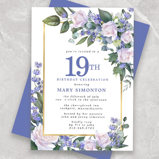 Invitation Blue White Gold Floral 19e anniversaire (Créateur téléchargé)
