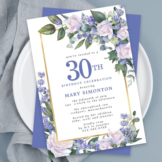 Invitation Blue White Gold Floral 30e anniversaire (Créateur téléchargé)