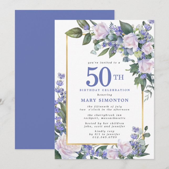 Invitation Blue White Gold Floral 50e anniversaire (Devant / Derrière)