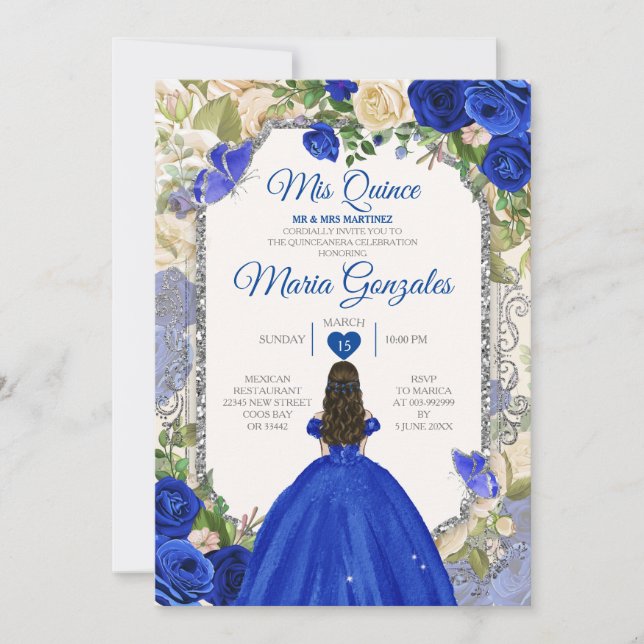Invitation Blue & White Mis Quince 15 Anos Argent Crown (Devant)