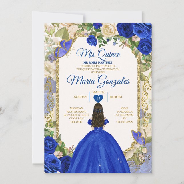 Invitation Blue & White Mis Quince 15 Anos Gold Crown (Devant)