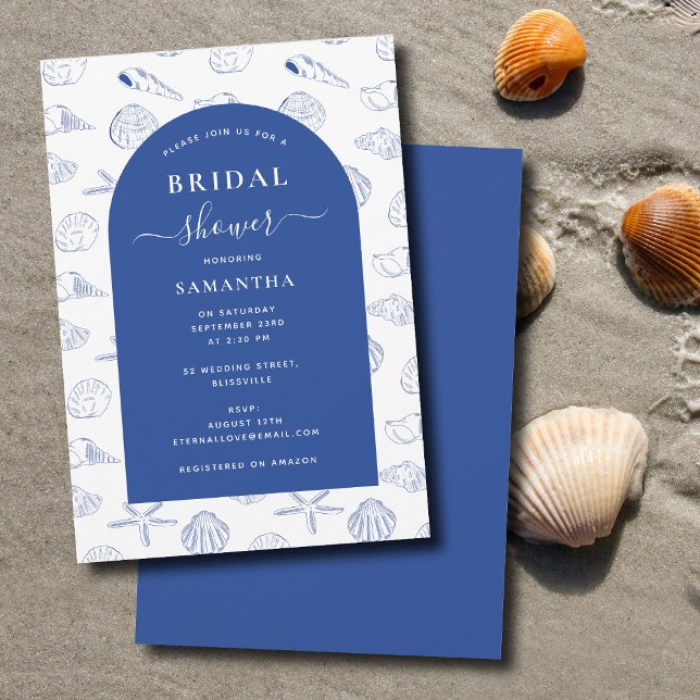 Invitation Blue White Sea Shells Beach Fête des mariées d'été (Blue White Sea Shells Beach Summer Bridal Shower Invitation)