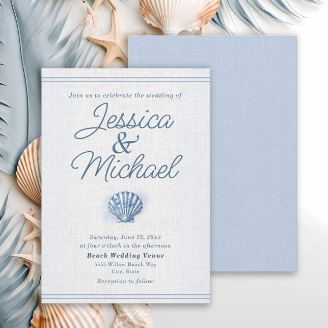 Invitation Blue White Seashell Nautical Beach Wedding (Blue and white seashell beach wedding invitation)