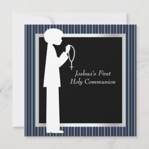 Invitation Blue White Stripe Rosary Boys First Communion