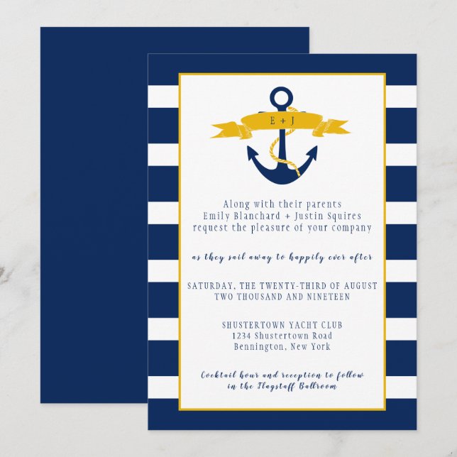 Invitation Blue White Stripes Gold Détails Mariage nautique | (Devant / Derrière)