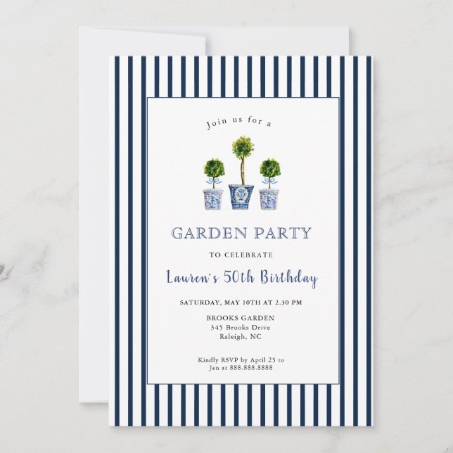 Invitation Blue & White Topiaries Jardin Fête d'anniversaire (Devant)