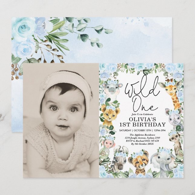 Invitation Blue Wild One Jungle Safari Girl Birthday Photo (Devant / Derrière)