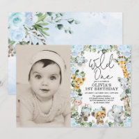 Blue Wild One Jungle Safari Girl Birthday Photo