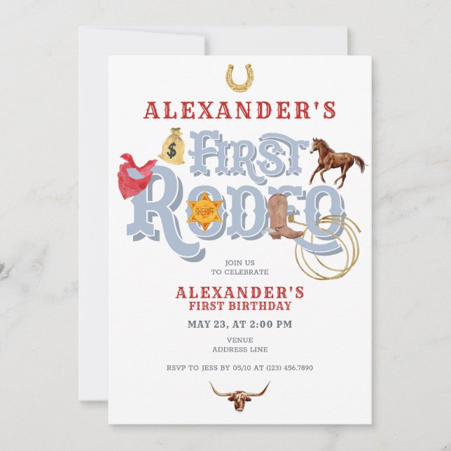 Invitation Blue Wild West Premier Rodéo Baby Boy 1er Annivers (Devant)