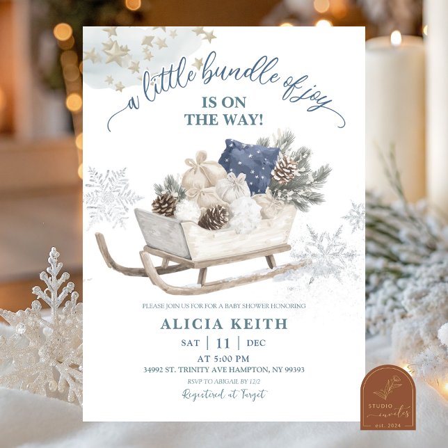 Invitation Blue Winter Christmas Sleigh Baby Shower (Créateur téléchargé)
