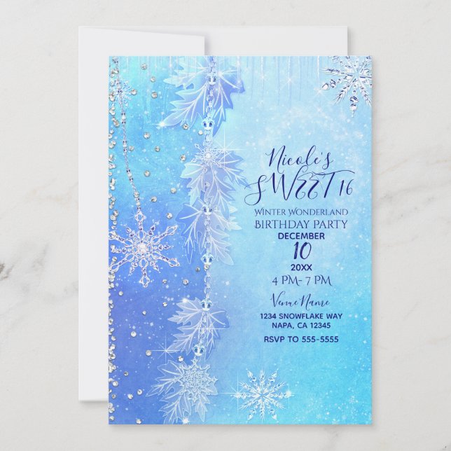 Invitation Blue Winter Feuilles & Snowflakes Sweet 16 Party (Devant)