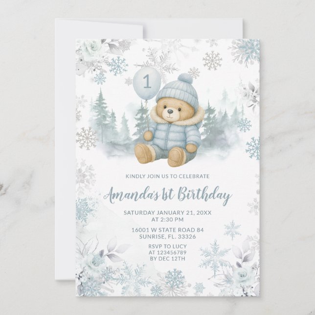 Invitation Blue Winter Forest Bear Balloon First Birthday (Devant)
