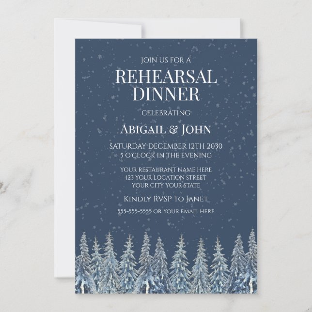 Invitation Blue Winter Forest Rustic Rehearsal Dinner (Devant)