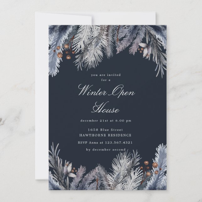 Invitation Blue Winter Greenery Winter Open House (Devant)