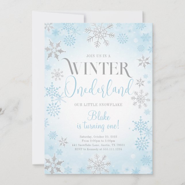 Invitation Blue Winter Onederland Anniversaire Fête Invitatio (Devant)