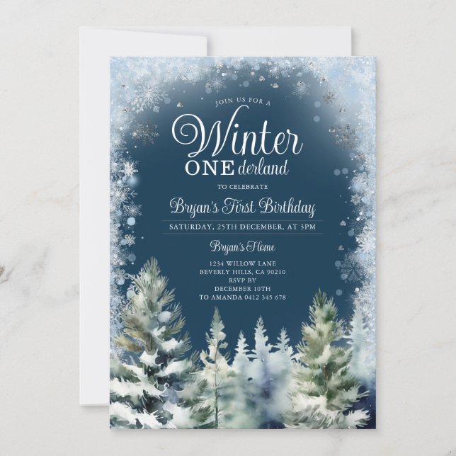 Invitation Blue Winter Onederland Silver Snowflakes Anniversa (Devant)