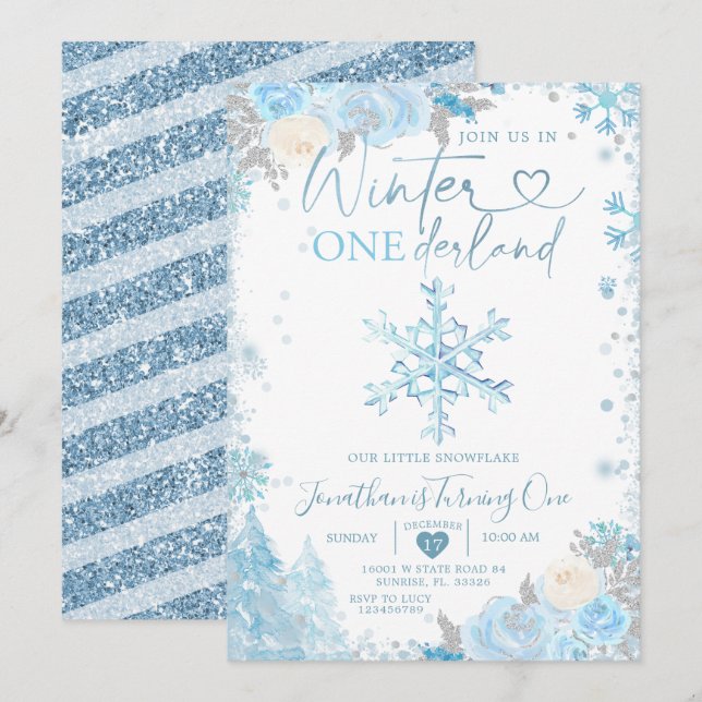 Invitation Blue Winter Onederland Snowflake 1er anniversaire  (Devant / Derrière)