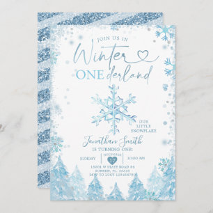 Invitation Blue Winter Onederland Snowflake 1er anniversaire
