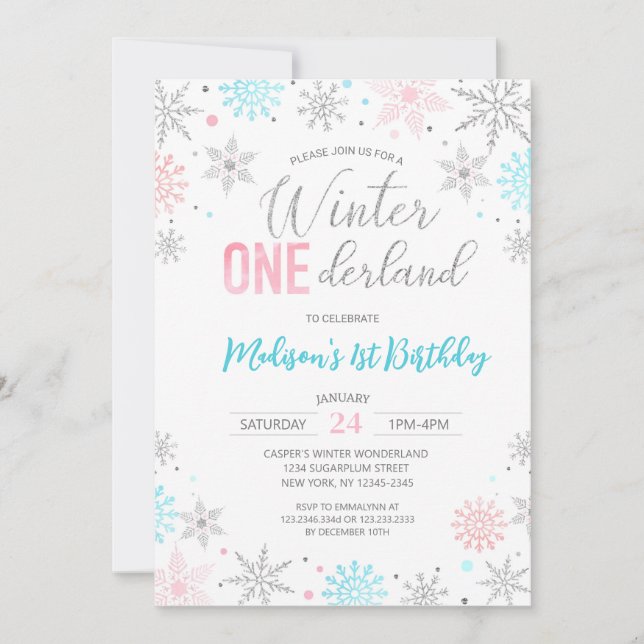 Invitation Blue Winter Onederland Snowflakes Premier annivers (Devant)