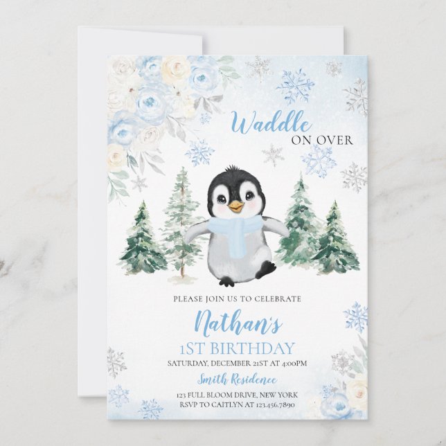 Invitation Blue Winter Penguin fête d'anniversaire (Devant)