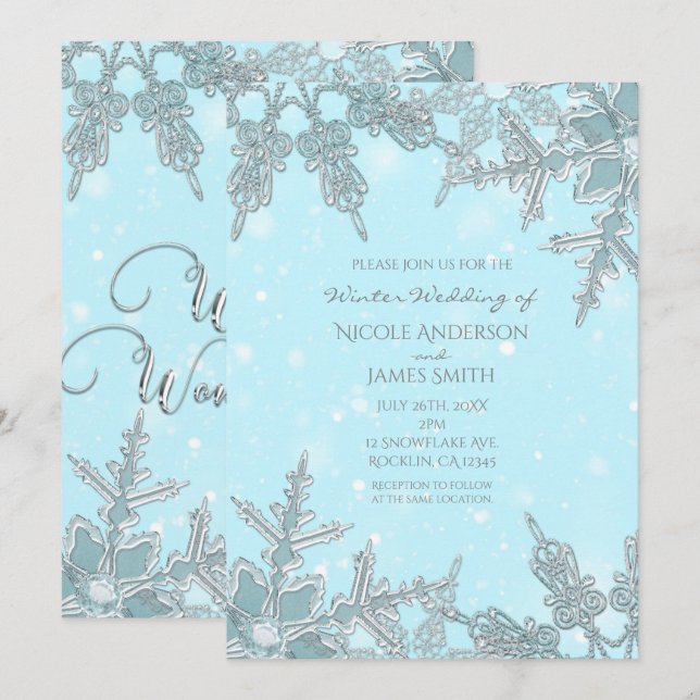 Invitation Blue Winter Wonderland Élégant Mariage de flocons  (Devant / Derrière)