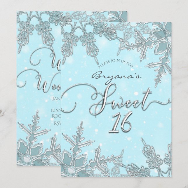 Invitation Blue Winter Wonderland Élégant Snowflakes Sweet 16 (Devant / Derrière)
